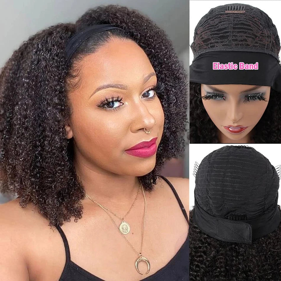 Afro Kinky Curly Headband Human Hair Wig For Women Water Curly Wigs With Black Headband Hair Easy to Style No Lace Front No Glue