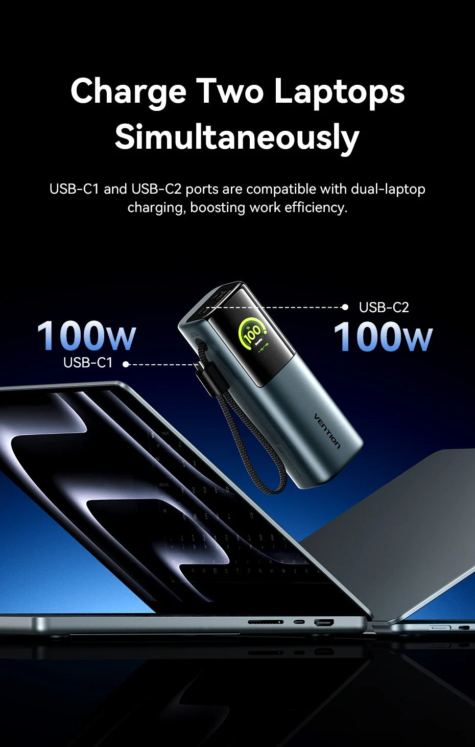 Vention 200W 27000mAh Power Bank Build-in Retractable USB-C Cable Portable External Battery Charger For Laptop Smart TFT Display