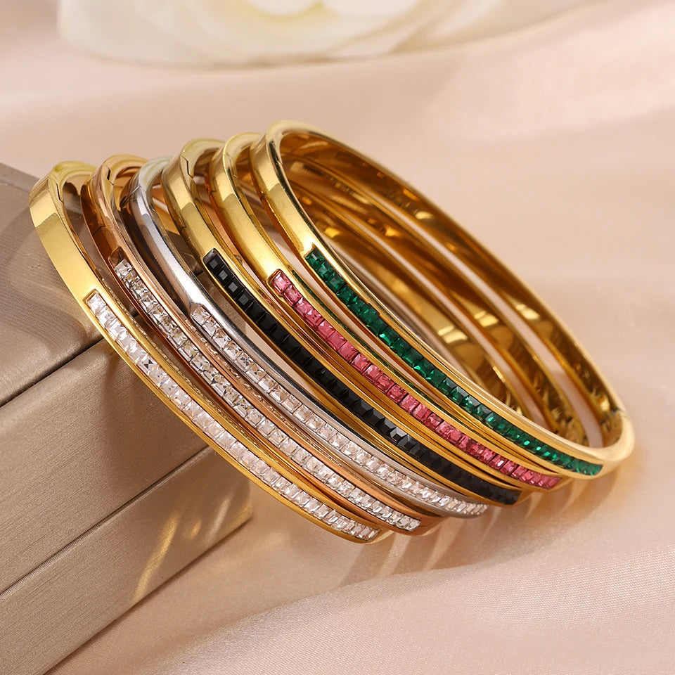 ZAKOL 6 Colors Colorful Geometric Zircon Inlaid Stainless Steel Bracelets for Women Men Versatile Fashion Bohemian Jewelry