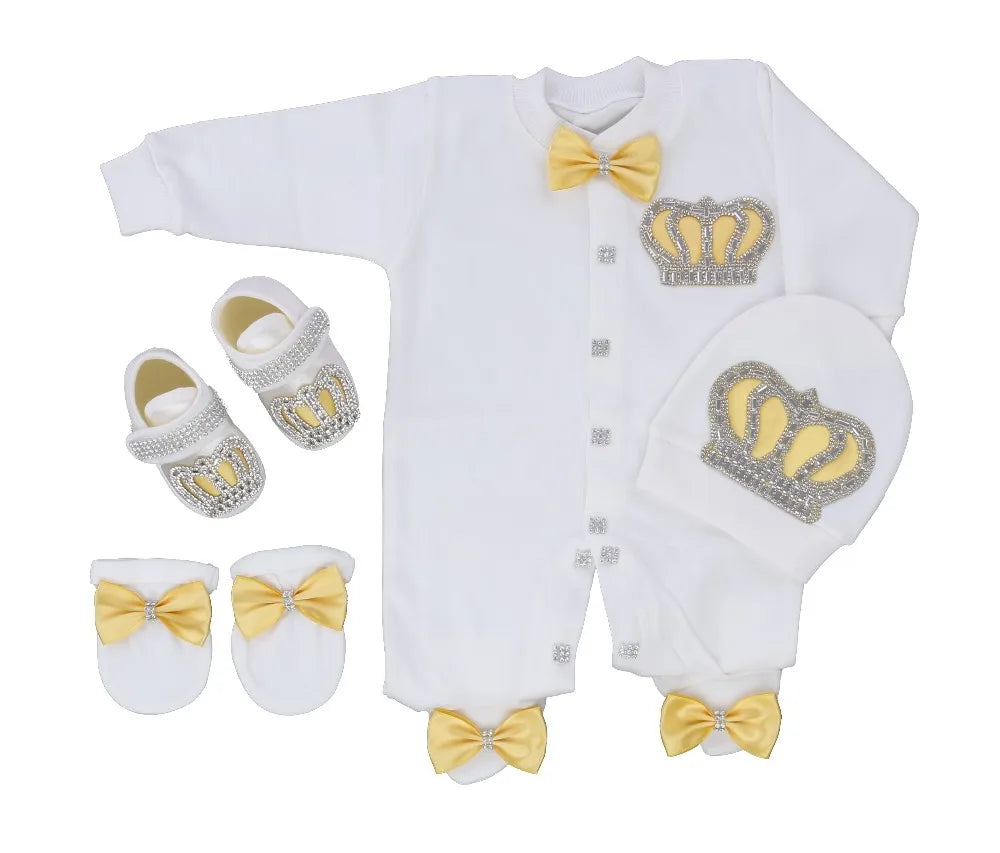 Dollbling Baptism Outfit Boy Prince Luxury Bling Christening Coming Home Romper Bonnet Set Mittens Nursery Hospital Clothing set
