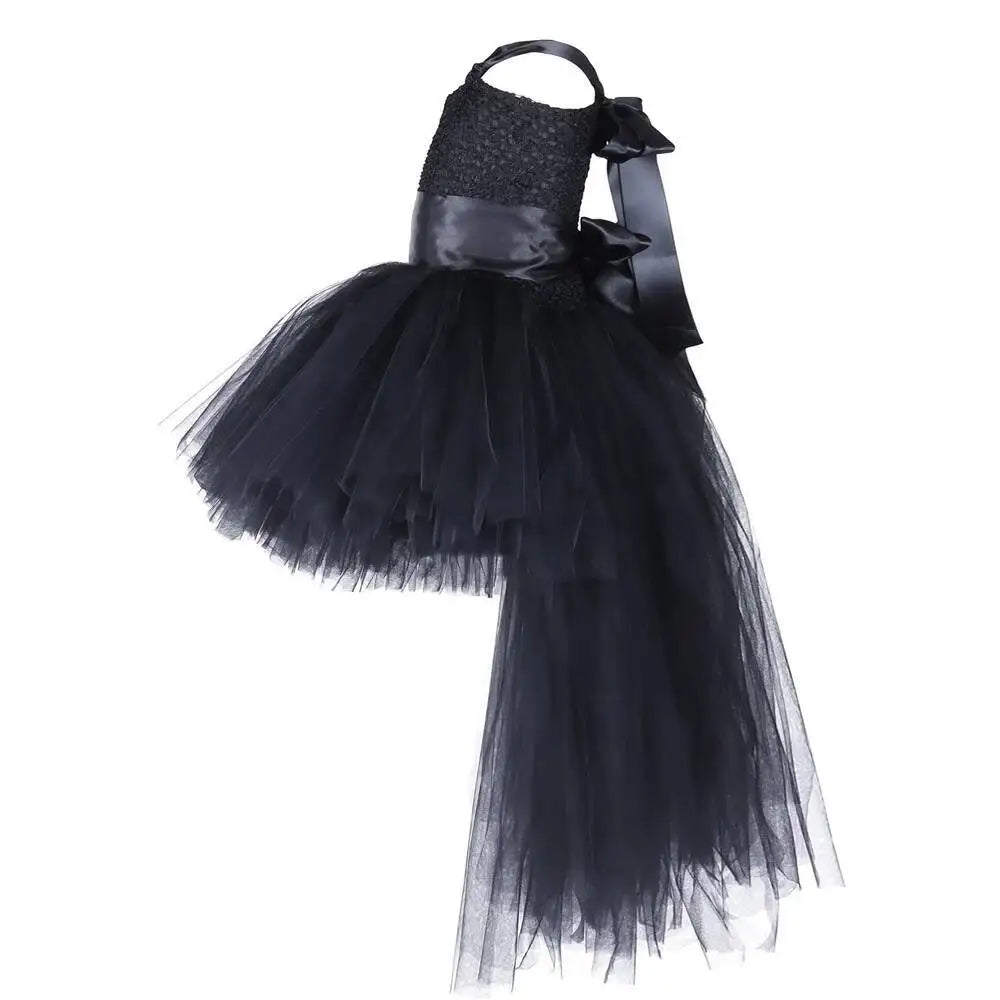 Dark Witch Halloween Costumes for Girls Black Devil Angel Fancy Trailing Dress with Feather Wings Bat Horns Kids High Low Outfit