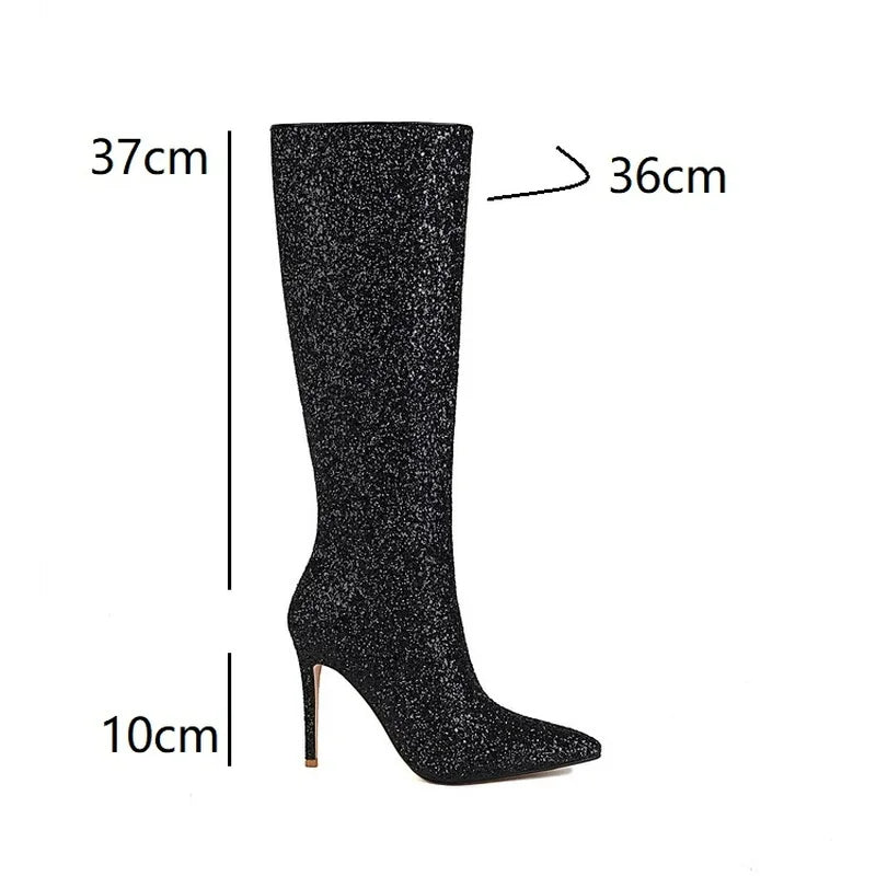 Ochanmeb Sexy Stiletto Heels Silver Red Glitter Boots Women Thin High Heeled Bling Bling Gold Sequined Knee-high Long Boot Party