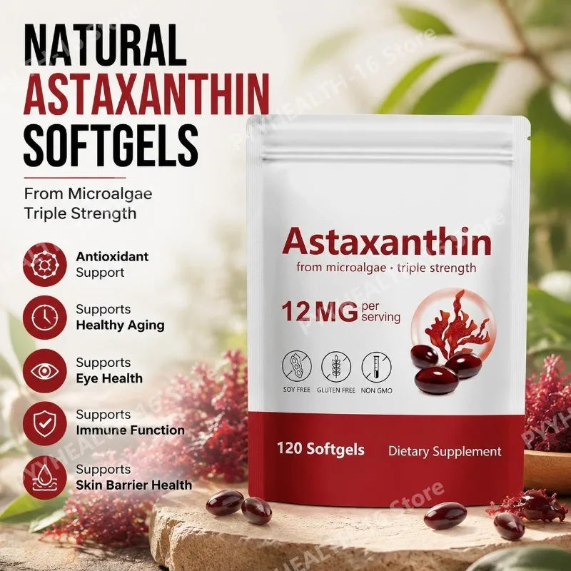Astaxanthin Softgels 12 Mg From Microalgae Triple Strength, Antioxidant Support for Skin Aging, Eye Health, 120 Softgels