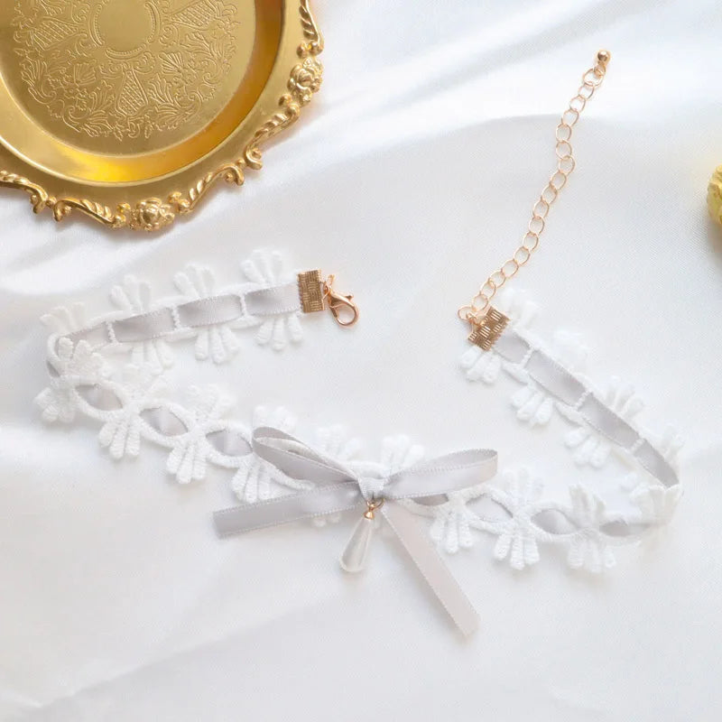 Women's Sexy Bow Lace Necklace with Pearl Drop Clavicle Choker in White Pink Black Purple - Elegant Lady Jewelry Gift