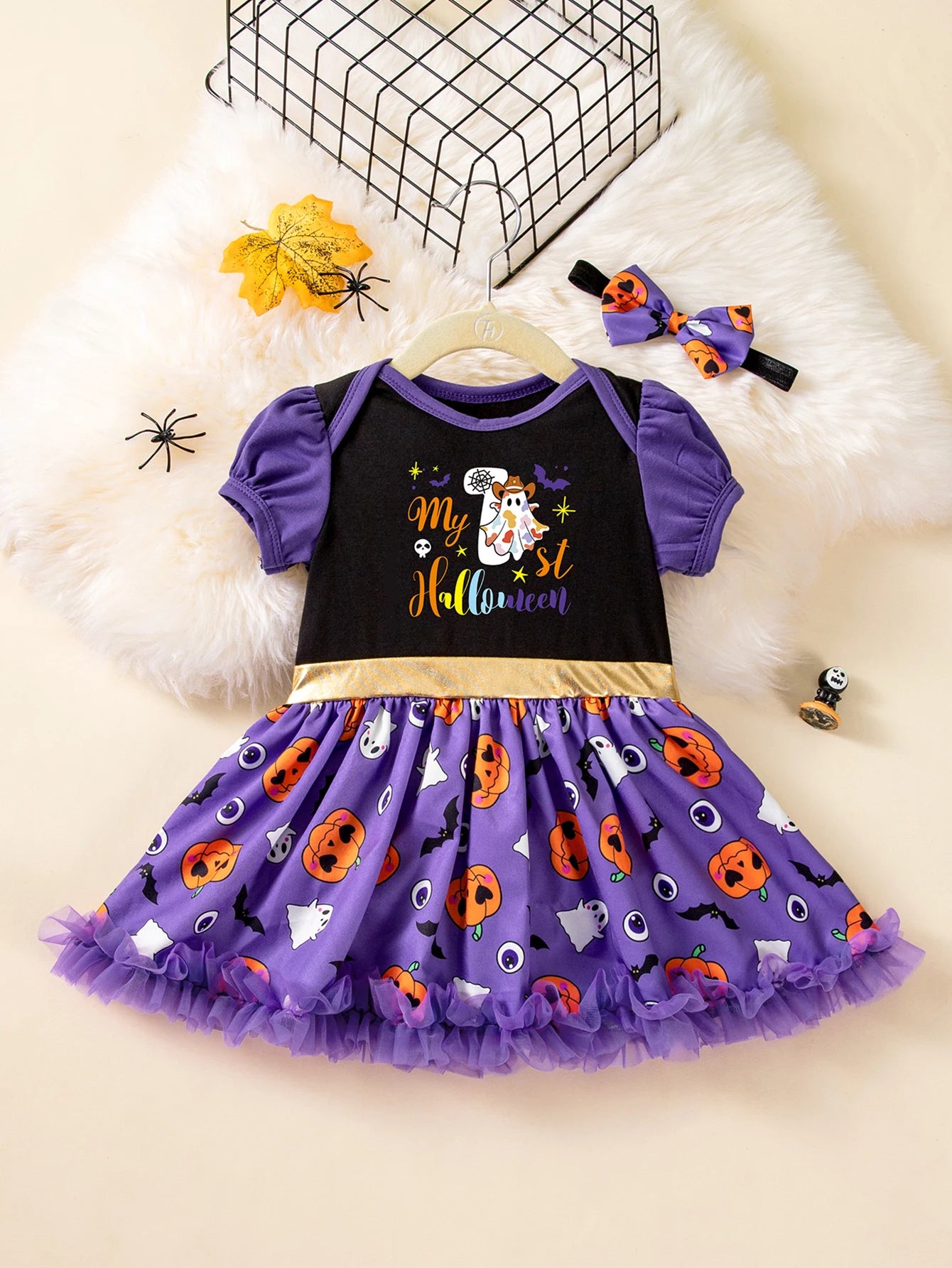 2Pcs Baby Girl My 1st Halloween Dress Set + Bow Headband
