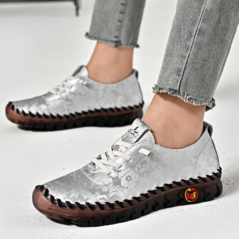 Print Fashion Sneakers Women Hand-stitching Leather Casual Shoes Design Platform Loafers Breathable Flats Shoe Driving Plus Size