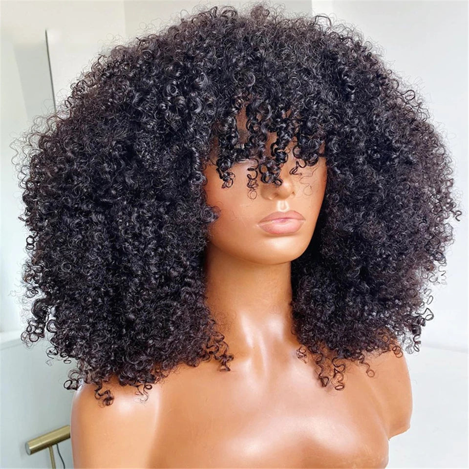Mongolian Afro Kinky Curly Human Hair Wig Bob With Bangs For Black Women 180% 250% Density Brazilian Remy Full Machine Made Hair