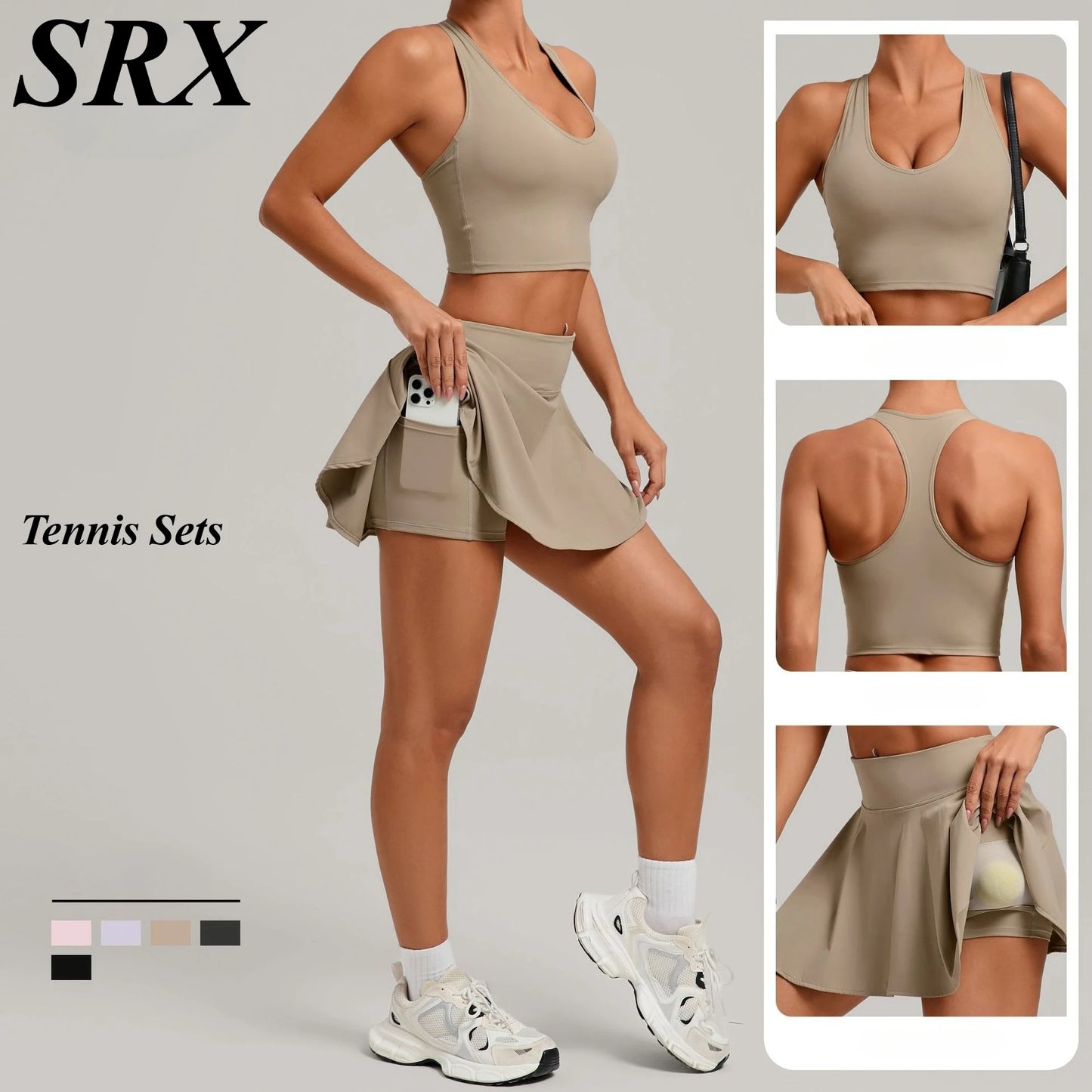 Women's Tennis Skirt Sets Golf High Waist Hip-lifting Anti-Exposure Pokets Fitness Running Sports Beauty Back Vest Workout Suits