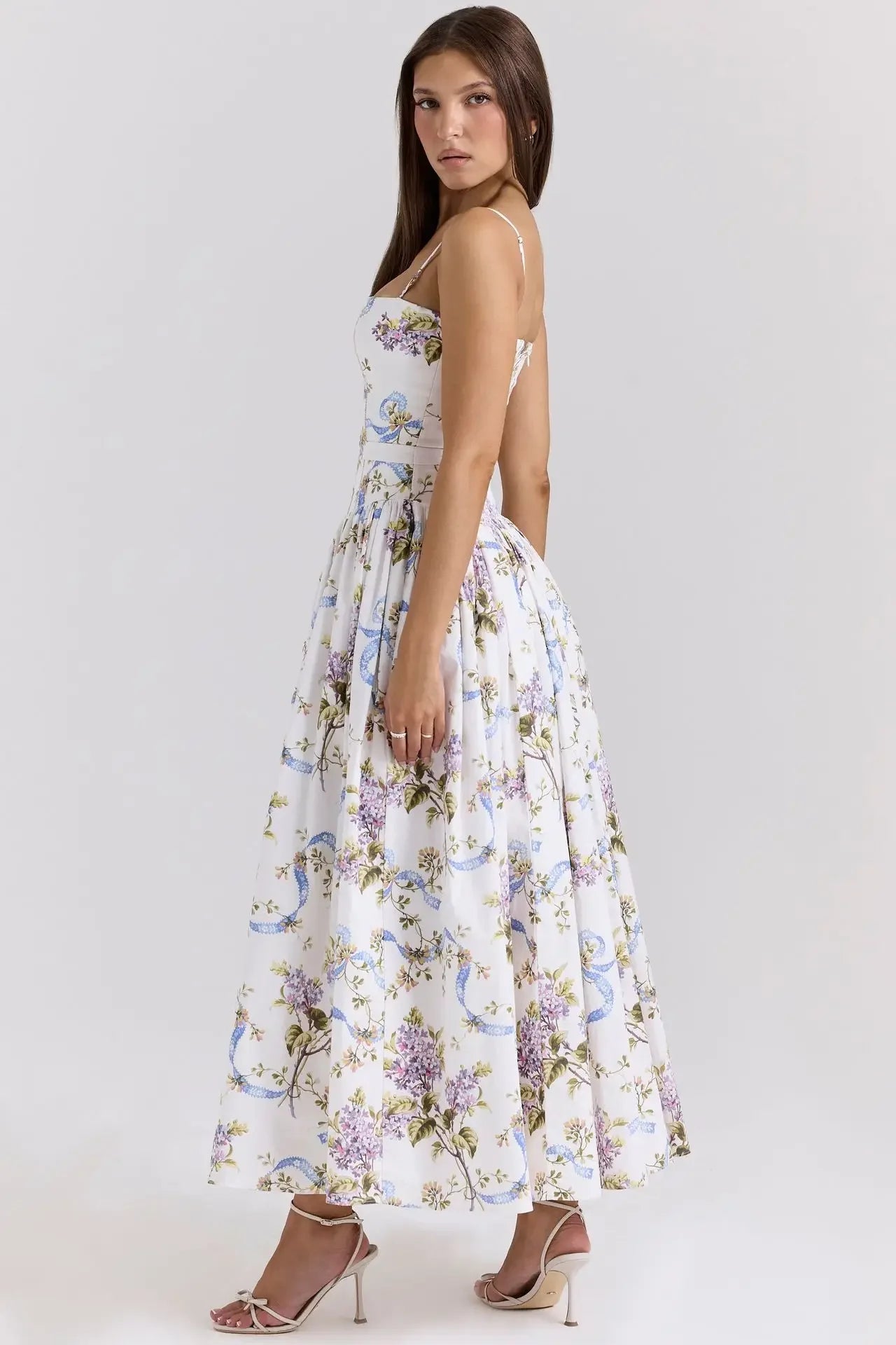 Elegant Fairylike French Style Gentle Floral Print Strapless Midi Dress Slimming Women's Fashion High End Feeling Dress