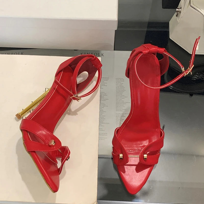 Liyke Leopard Print Ankle Strap Stilettos Sandals Women Party Dress Shoes Metal Narrow Band Pointed Toe Stripper Heels Size 41