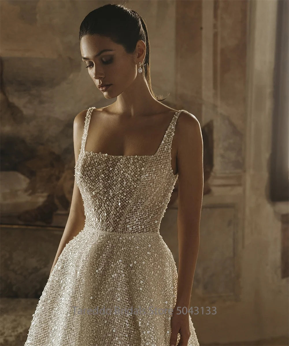 Customized Glitter Bling Bling Wedding Dress Spaghetti Straps Sequins Bridal Gown Sexy Sparkling Party Dress