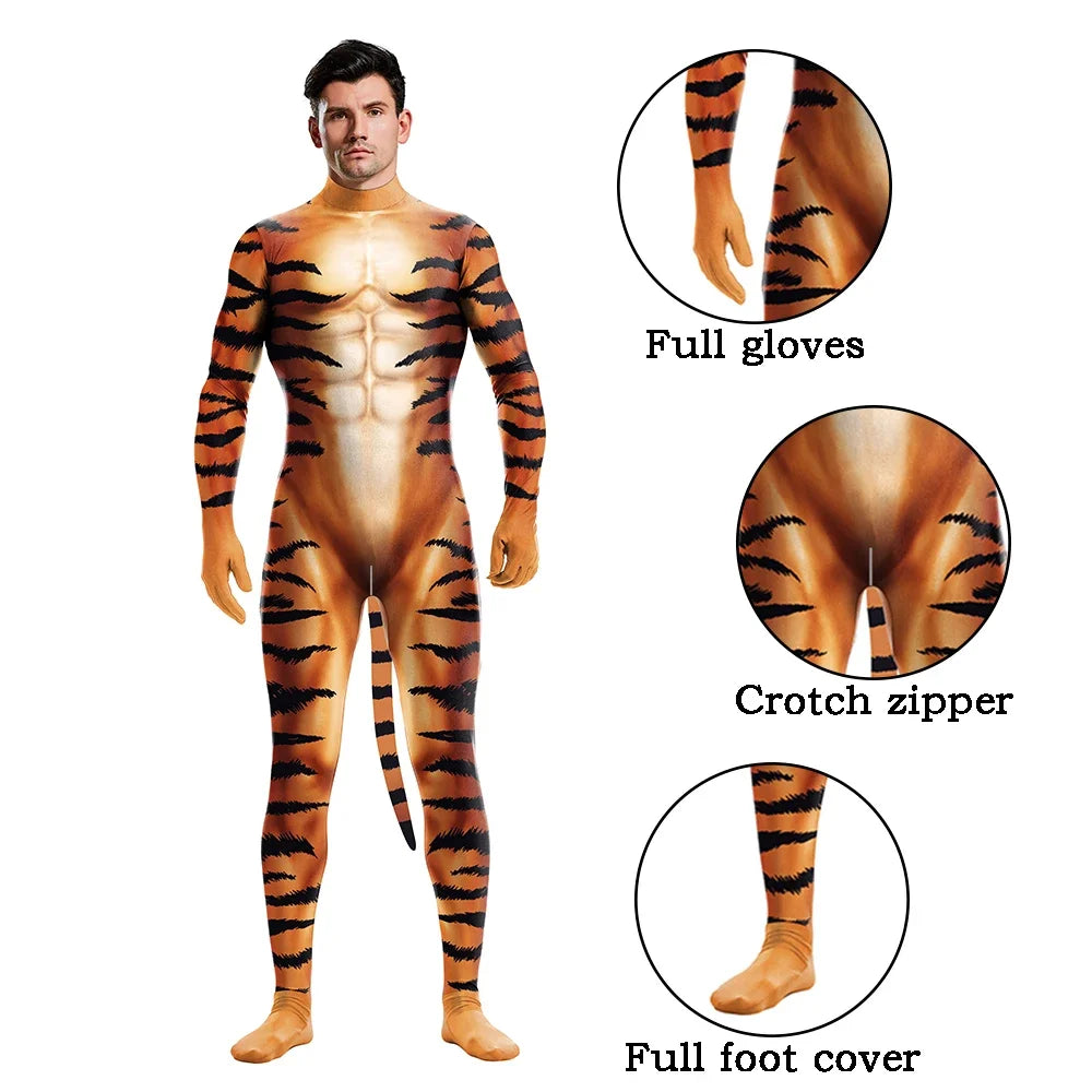 Halloween Cosplay Costume Male Adult Full Cover Elastic Zentai Pet Suit Jumpsuit Print Catsuit Bodysuits with Tail Purim Clothes