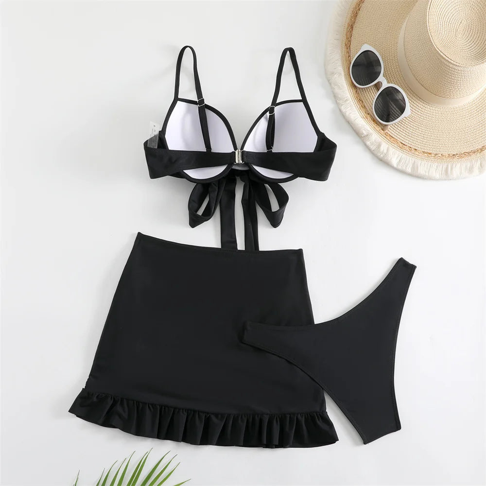 Cute Pink Ruched Swimwear Push Up Bandage Bikini Thong Pleated Swimsuit 3 Piece Women's Skirt Beach Outfits Bikinis Bathing Suit