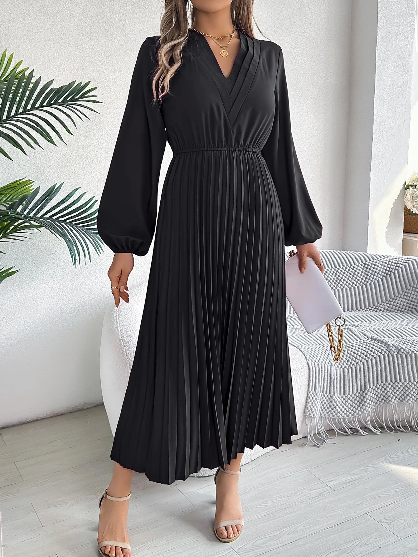 Women's Elegant Solid Color V-Neck Waist-Cinching Long Sleeve Midi Dress with Pleated Ruffles | Spring Autumn Fashion