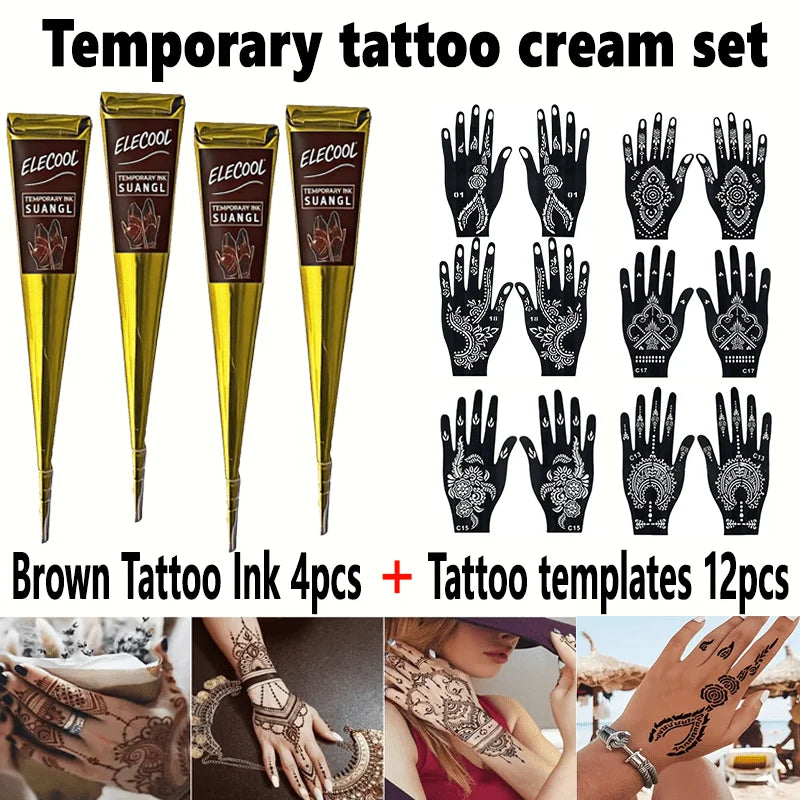 SUANGL Temporary Henna Tattoo Kit 3 Colors Black Brown Red with Stencils for Beginners Professionals Party Gift Set