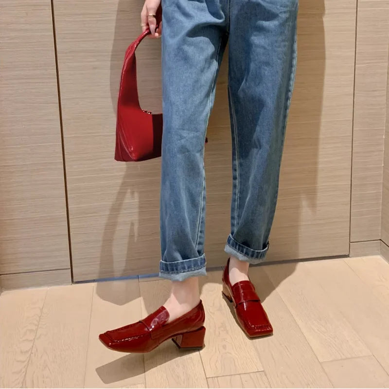 Womens Red Shoes Spring Autumn Basic Pumps Block Heel Dress Loafers French Slip On Square Toe Cow Leather Dress Footwear Size 43