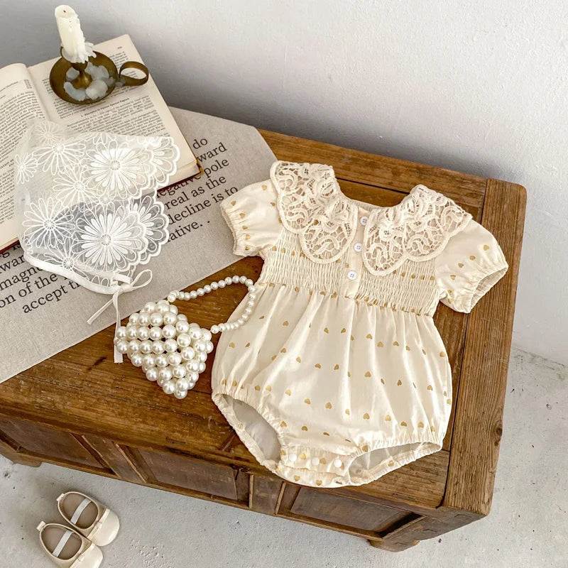 Summer new baby clothes for 0-3 years old, baby and girl big lace lapel love print short-sleeved jumpsuit