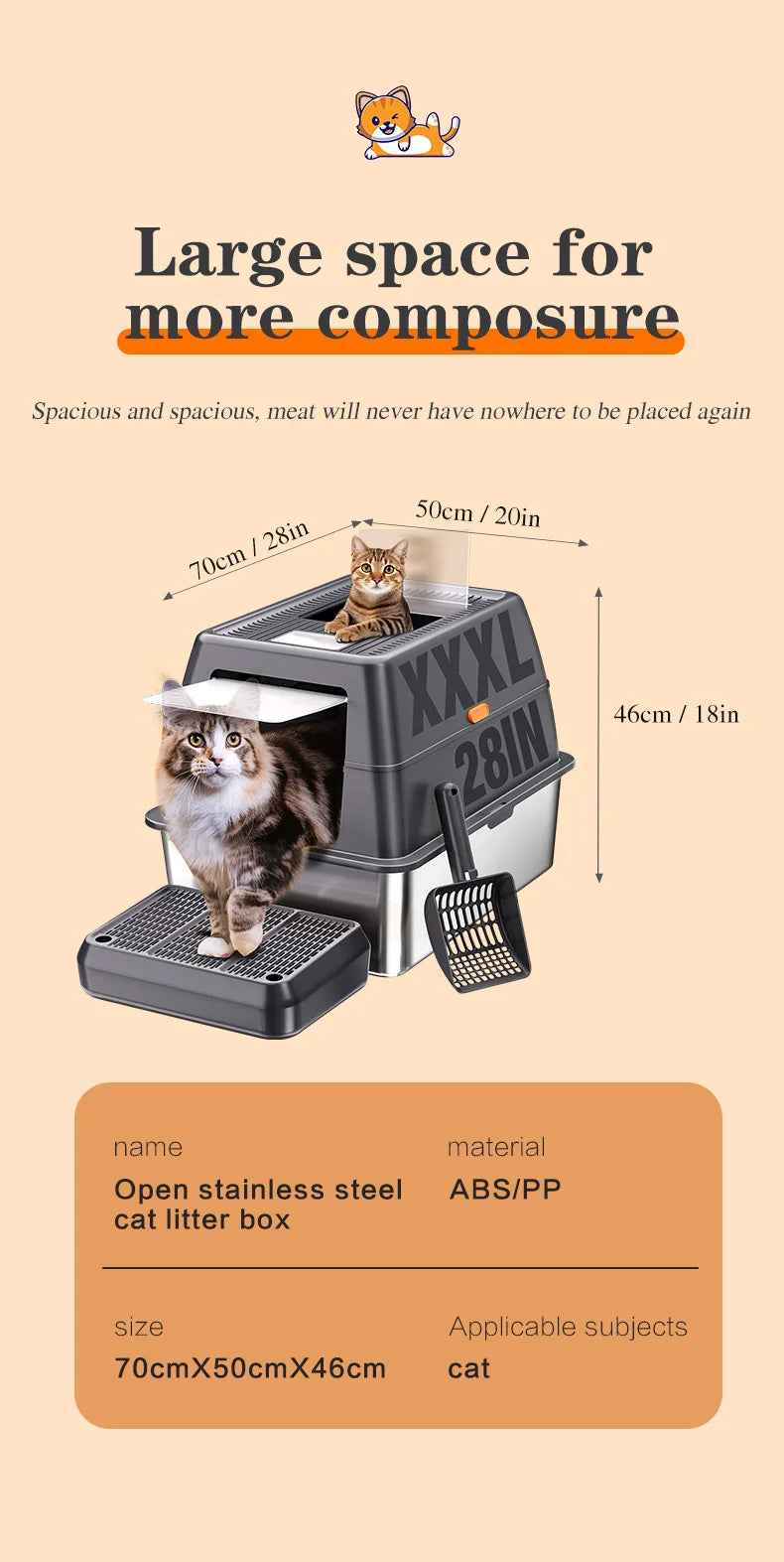 XXXL Stainless Steel Litter Box with Lid，Extra Large 28"L*20"W*18.1"H Metal Cat Litter Boxs,Jumbo Enclosed Removable Litter Box