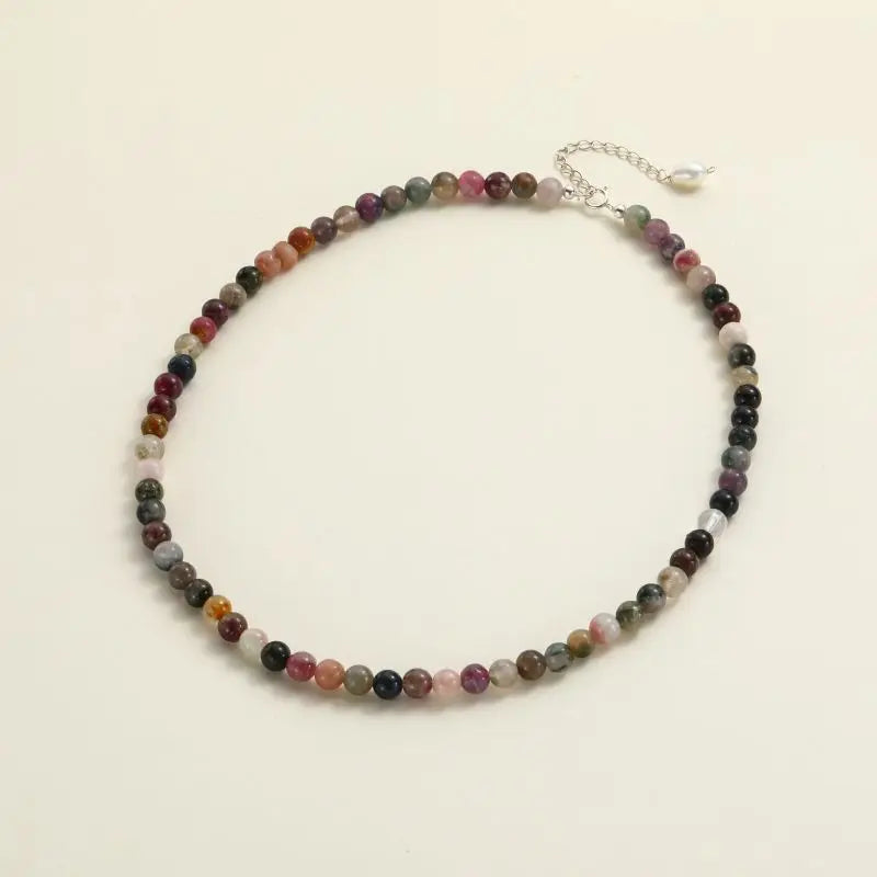 S925 Silver 5-6mm Faceted Tourmaline Necklace Rainbow Multicolor Gemstones Natural Stones Beaded Freshwater Pearl For Women Girl