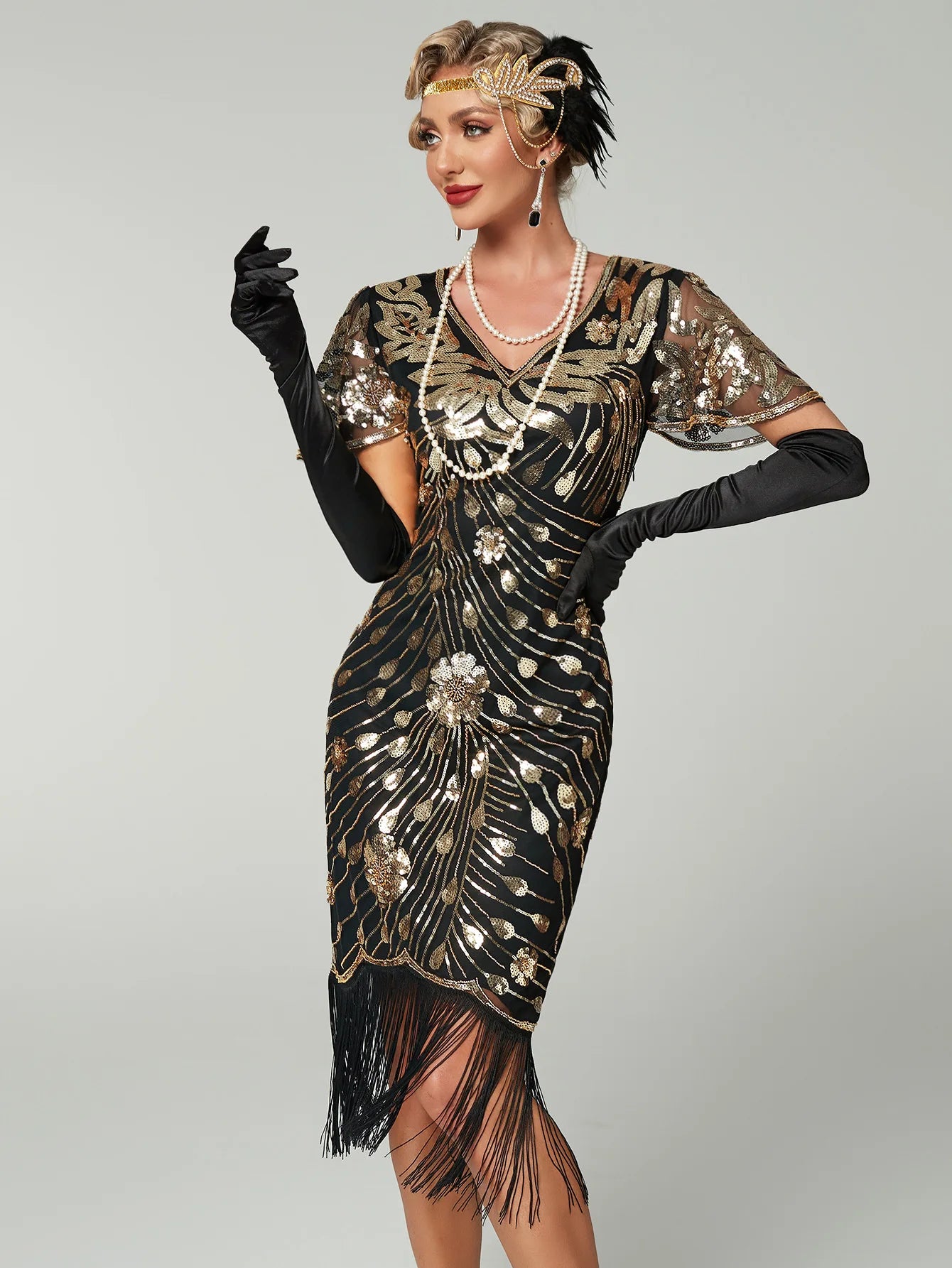 1PC Woment's Elegant Glam 1920s Fringe Sequin Flapper Dress Roaring 20s Gatsby Party Cocktail Dress with Short Sleeves for Women