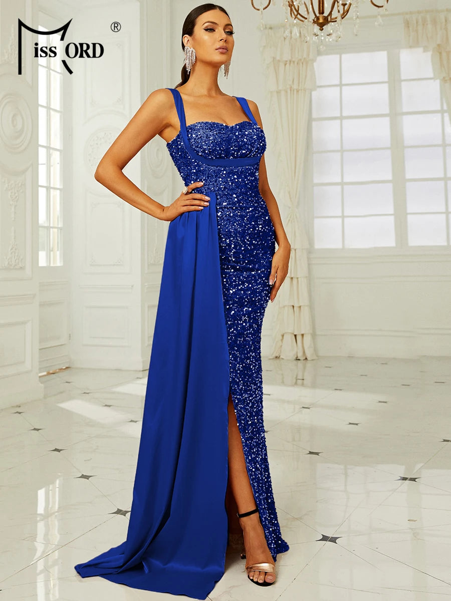 Missord Pink Sequin Bridesmaid Wedding Dress Elegant Women Suspender Draped Thigh Split Party Evening Dresses Long Prom Gown