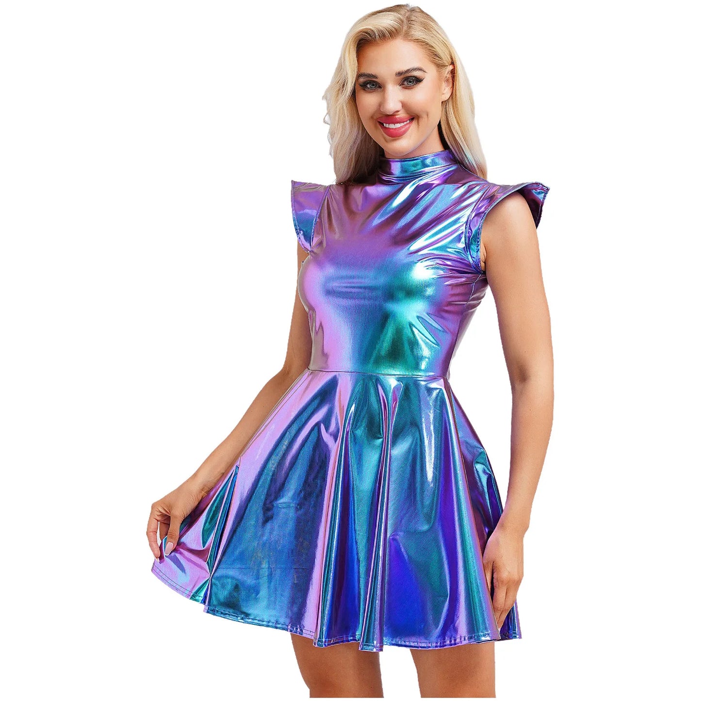 Womens High Waist A-line Dress Shiny Metallic Mock Neck Cap Sleeve Dress Modern Pole Dance Rave Party Bar Club Wear Street Wear