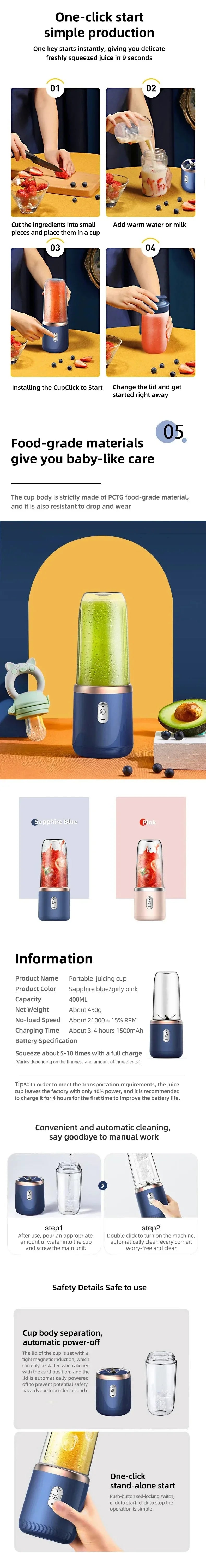 400ml Portable USB Blender Electric Travel Juicer Cup For Smoothie Milkshake Kitchen Mini Mixer Tool