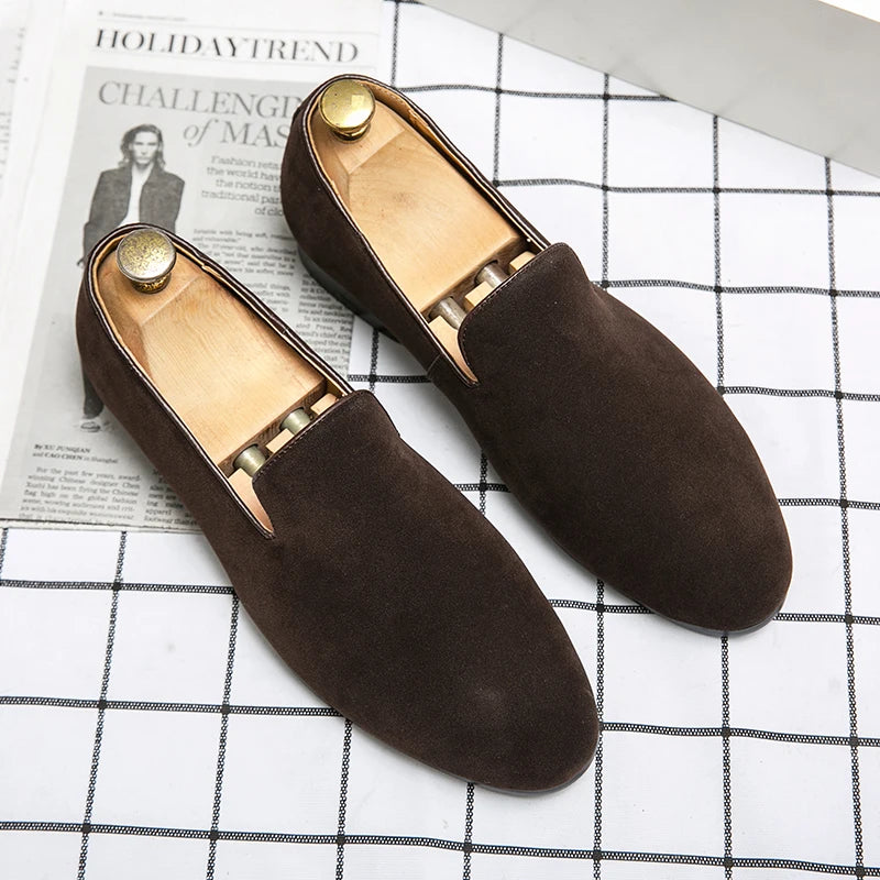 Fashion Classic Men Suede Shoes Male Pointed Brown Black Slip On Loafers Wedding Dress Homecoming Formal Footwear Zapatos Hombre