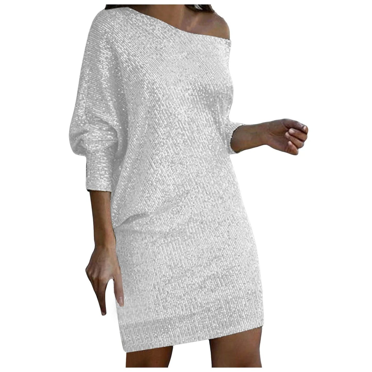 Sequined Party Dresses Women's Sexy One Shoulder Ankle Length Midi Dress Pullover Solid Color Evening Club Party Dress For Women