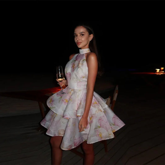 Modest Sweet Printed Neck Strap Mini Dress For Women High Waist Sexy Dresses Summer Elegant Tiered Clothing