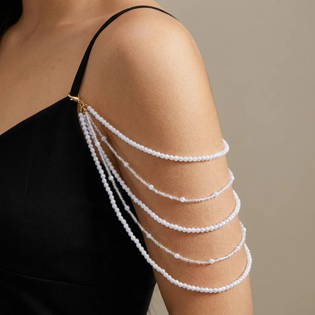 Sexy Imitation Pearl Body Chain for Women Multilayer Pearl Rice Beads Chain Shoulder Sweater Long Chain Party Wedding Jewelry