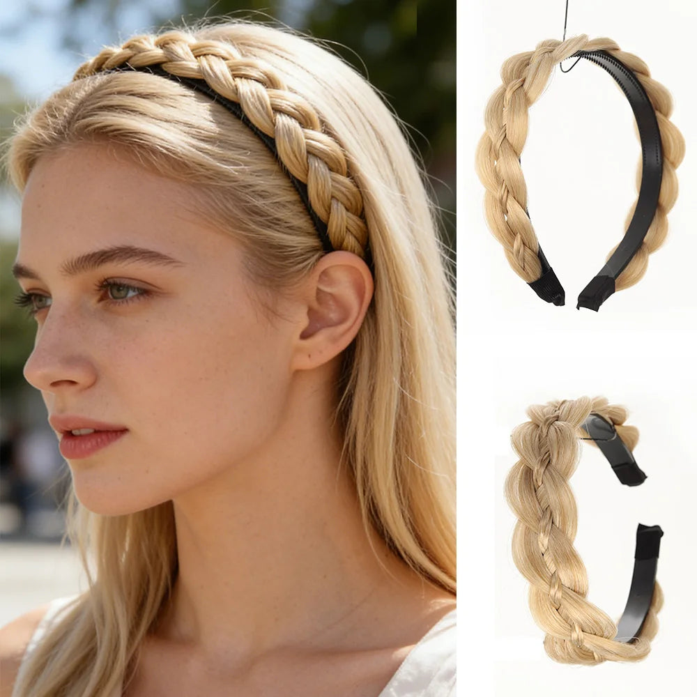 Synthetic Ladies Hair Wide Fishbone Braids Non-slip Headband Handmade Retro Headband Styling Headwear Accessories