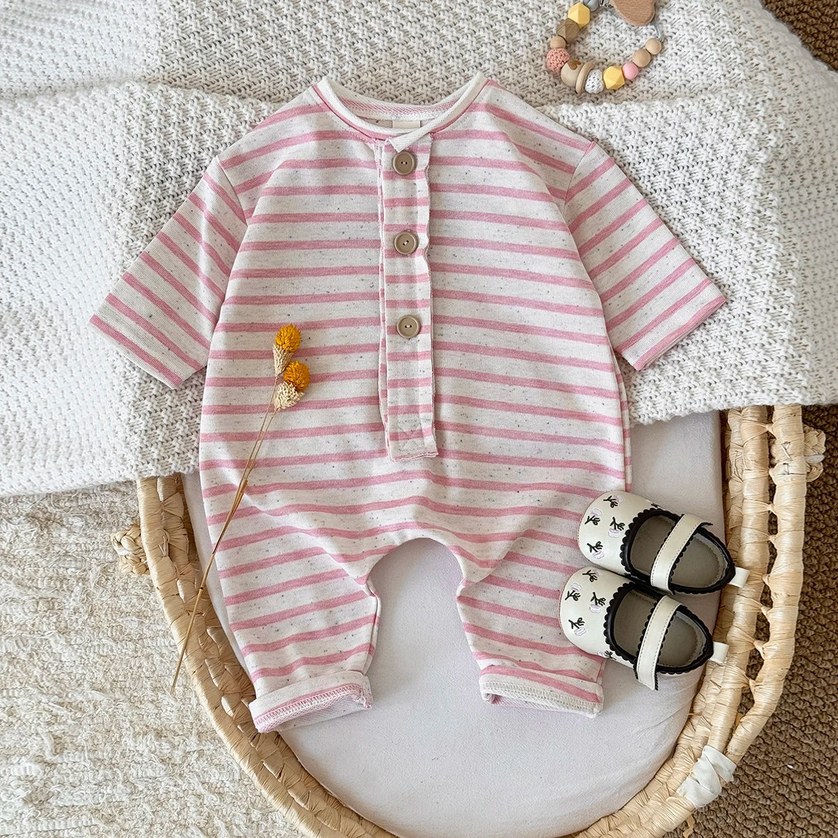 2025 Spring and Autumn New Baby Clothing Striped Cartoon Print Jumpsuit Newborn Baby Romper Pants Babies Aged 0-3Years Kids