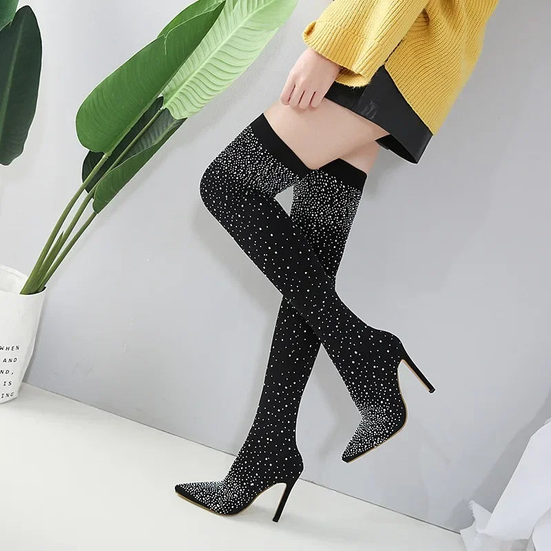 Design Crystal Rhinestone Stretch Fabric Sexy High Heels Sock Over-the-Knee Boots Pointed Toe Pole Dancing Women Shoes