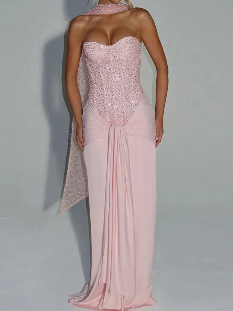 Women's Sexy Strapless Sleeveless Evening Dress Fashion Waist Slim Solid Wedding Dress Elegant Sequins Splicing Pleat Long Dress