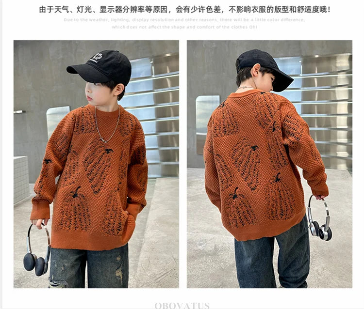 Children Halloween Pumpkin Sweater For Boys Fancy Knitted Outfit Clothing Kids Elegant Pullover Knitwear For Teenagers Age 5-14T