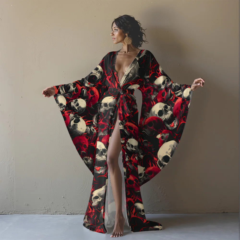 Halloween Cosplay Women's Sexy V-Neck Robe with Abstract Ghost Print - Long Sleeve Party Costume Unique Vampire Witch Long Robe