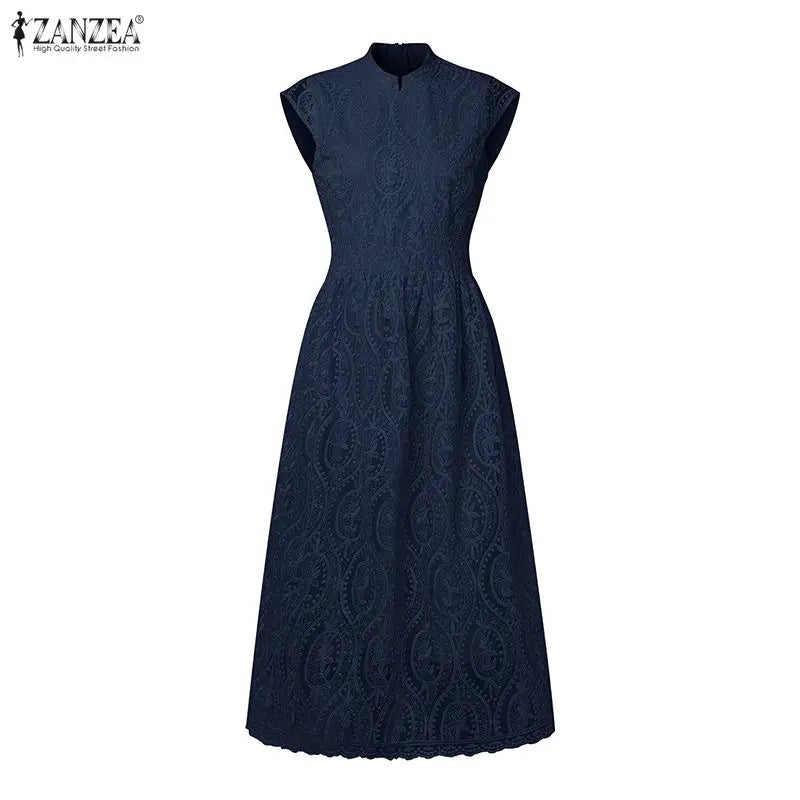 ZANZEA Elegant Women's Wedding Guest Party Midi Dress Embroidered Mesh Patchwork Stand Collar Cap Sleeve Dresses Woman Clothes