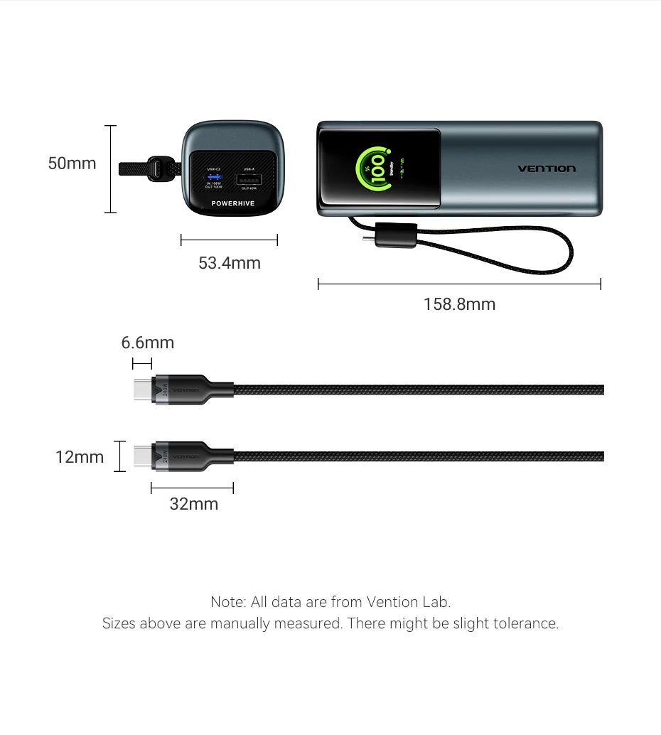 Vention 200W 27000mAh Power Bank Build-in Retractable USB-C Cable Portable External Battery Charger For Laptop Smart TFT Display
