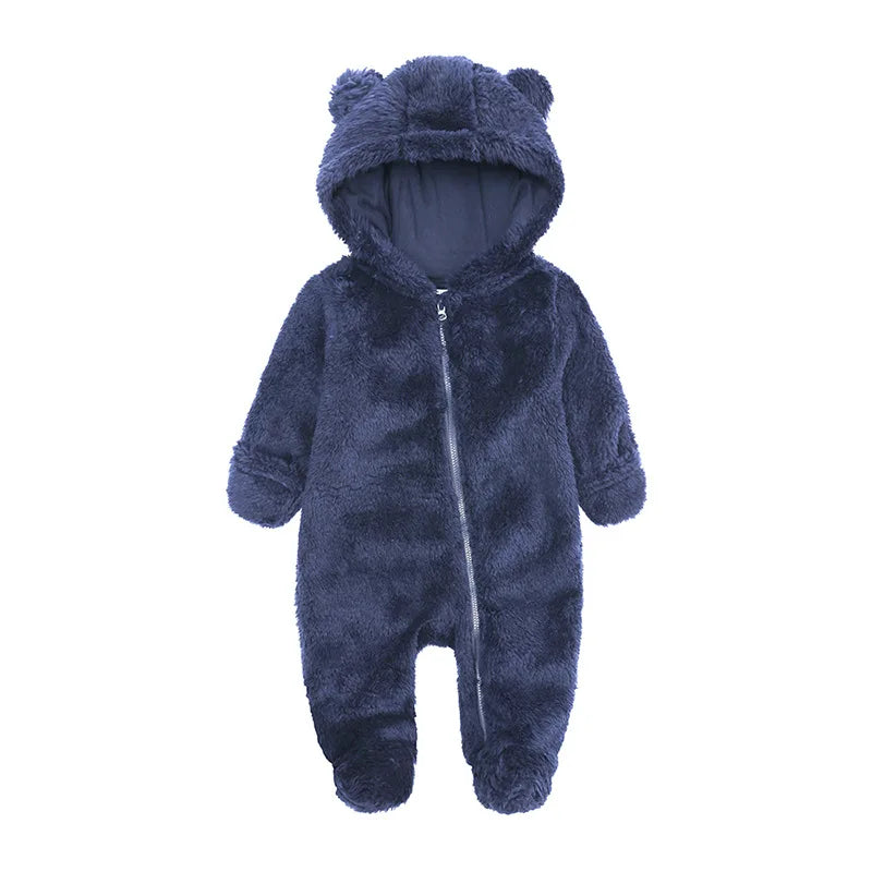 2025 Warm Footed Baby Romper Zipper Closure Fall Newborn Bear Ear Hooded Fuzzy Onesie Outfit Infant Boys Girls 100 Days Jumpsuit