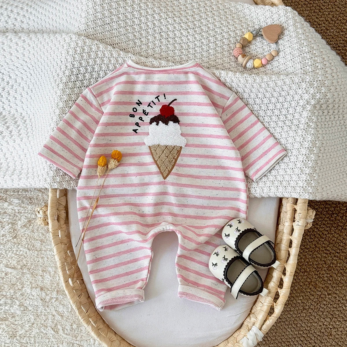 2025 Spring and Autumn New Baby Clothing Striped Cartoon Print Jumpsuit Newborn Baby Romper Pants Babies Aged 0-3Years Kids