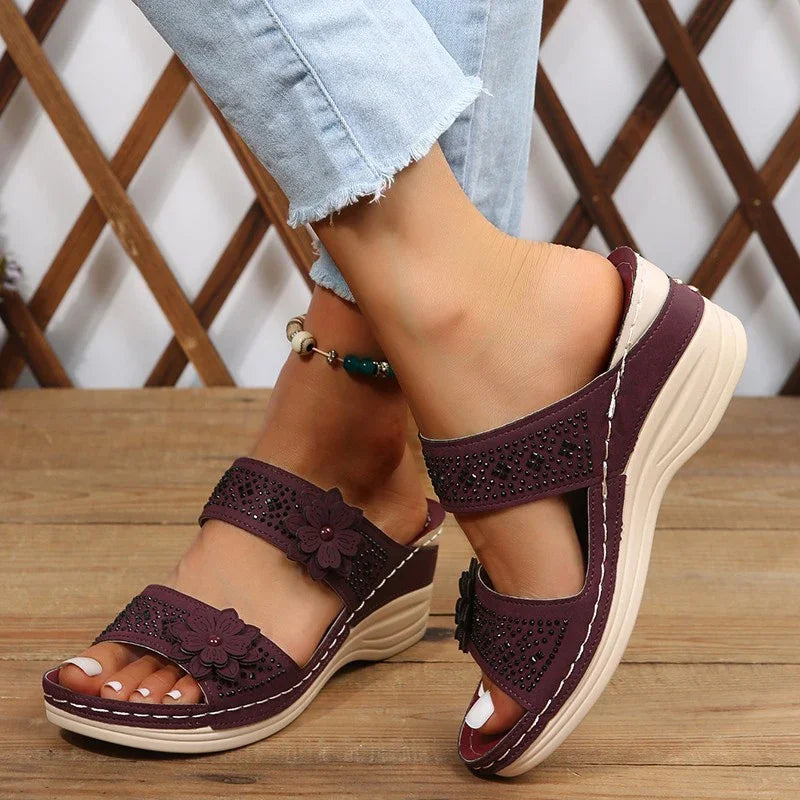 Summer Women Slippers Women's Shoes Retro Roman Sandals Women Pu Casual Flower Wedge Sandals Platform Slippers Heel Plus Size