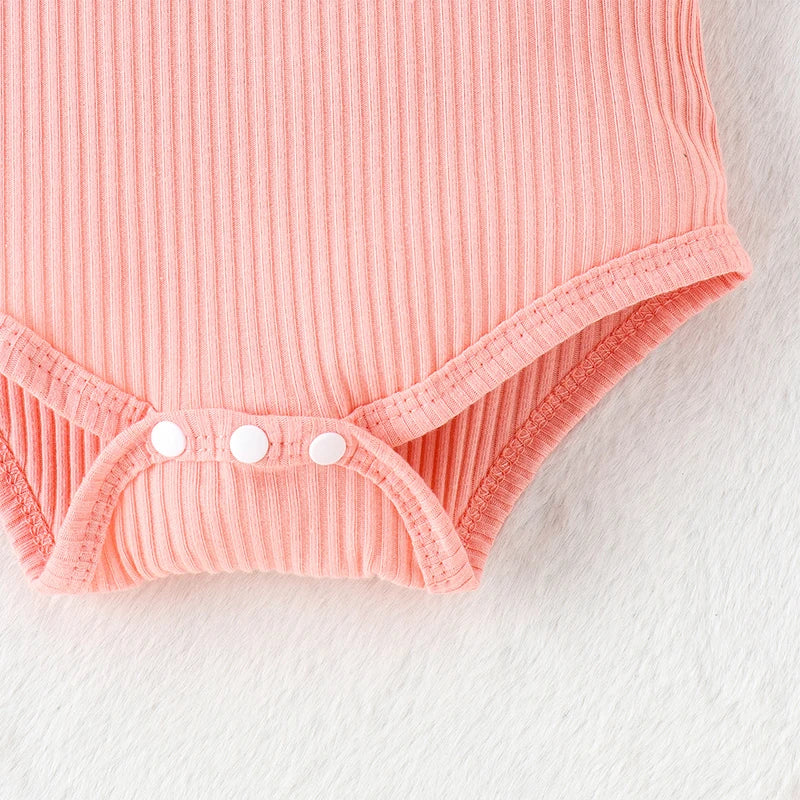 Baby Girl Summer Set Sleeveless Frill Trim Ribbed Romper Elastic Waist Shorts Bow Headband Infant Toddler 3 Piece Outfit