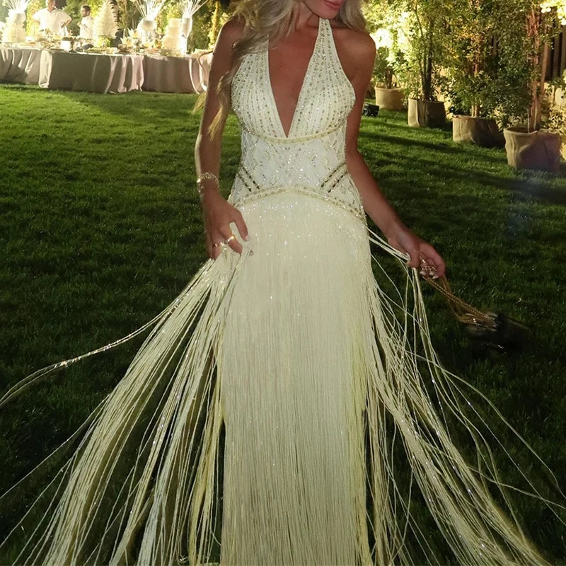 New 2026 Women's Banquet President Dress Fashion Sequin Tassel Slim Cocktail Dress Elegant Temperament Off Shoulder Strap Dress