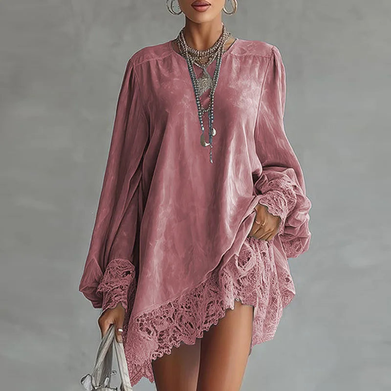 Woman Sexy V Neck Patchwork Lace Party Dress Spring Elegant Solid Loose Mini Dress Autumn Long Sleeve A-Line Boho Dress Vestidos