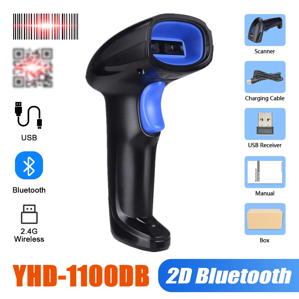 YHDAA Handheld Bluetooth Wireless 2D Barcode Scanner 1800mAh Support 20 Hours Continuous Scanning QR Code Reader