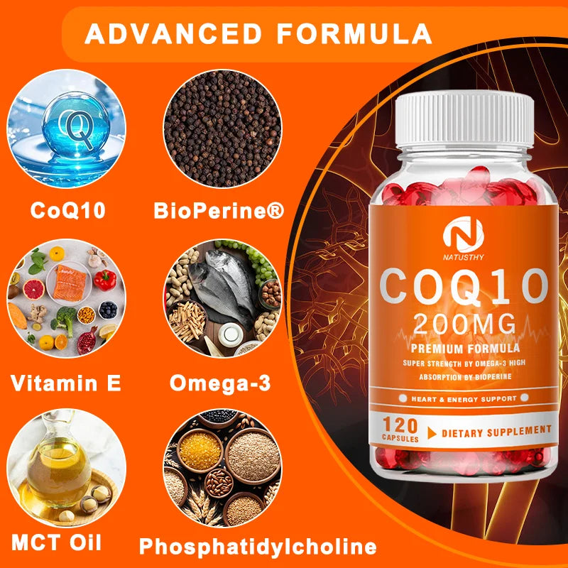 COQ10 Coenzyme Q10 200mg for Energy, Antioxidant, Cardiovascular, Brain Health Natural Non-GMO