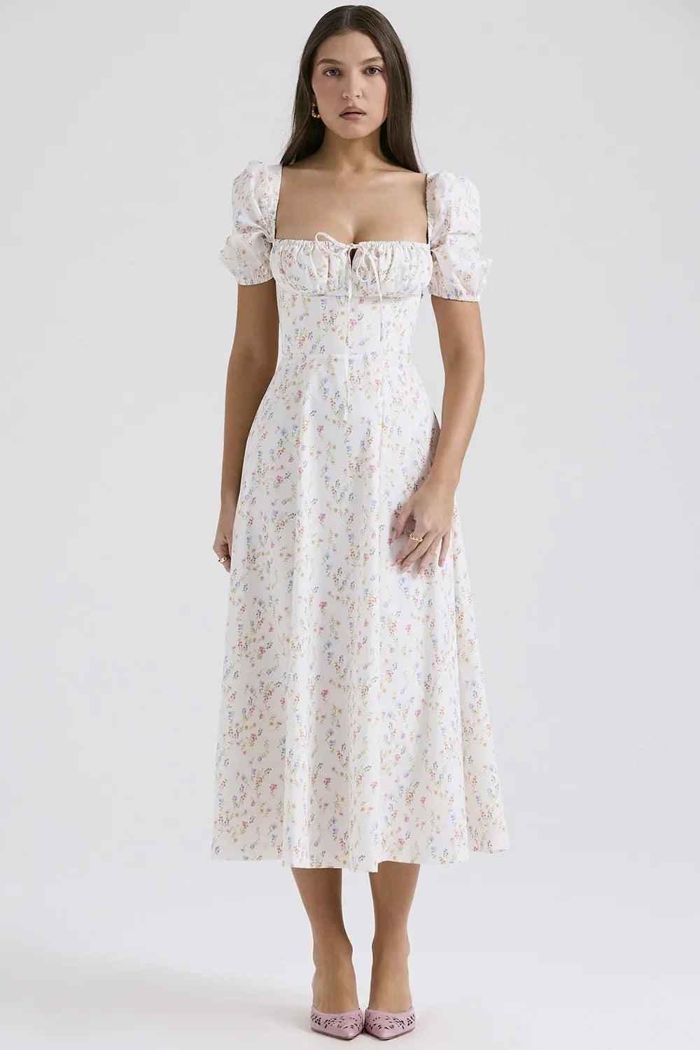 Elegant Fairylike French Style Gentle Floral Print Strapless Midi Dress Slimming Women's Fashion High End Feeling Dress