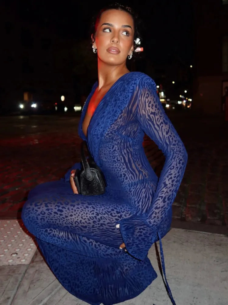 Mozision Deep V Neck Long Sleeve Sexy Maxi Dress Women Gown Elegant Leopard Print Mesh See Through Club Party Long Dresses