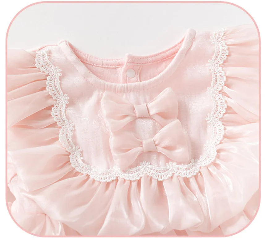 Spring Autumn Newborn Girls Clothes Korean Cute Bow Mesh Cotton Long Sleeve Princess Bodysuits+Hat Baby Boutique Clothing B038